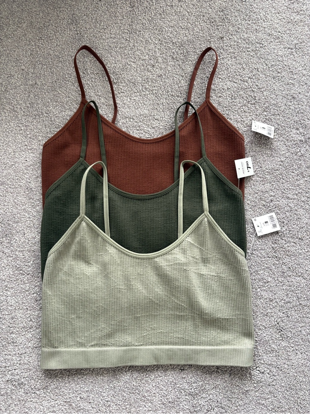 Ardenes Ribbed Spaghetti Strap Crop Top - 3-Pack (Sage, Olive, Rust) (M/L)